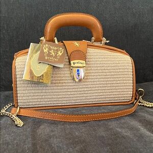 Pratesi Lady Brunelleschi Leather/Raffia Tan and Cream Crossbody Bag NWT